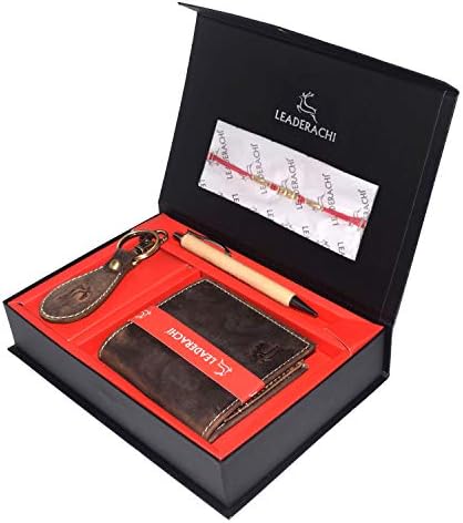 Raksha Bandhan Combo Genuine Hunter Leather Moneycip Wallet with Leather Designer Key Ring & Wooden Pen for Men.(Rakhi-WKP-8)