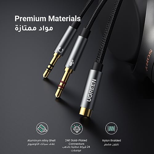 UGREEN 3.5MM Headphone Splitter 3.5mm Female to Dual Headphone and Microphone Male Port Adapter TRRS Y Splitter Compatible for Earphone, Headset, speaker and PC, Laptop and Tablet-0.2M