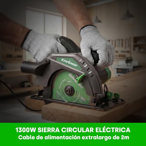Enventor 1300W Circular Saw, Hand Circular Saw 5000RPM, Cutting Depth 65mm(90°), 44mm(45°), 1 Saw Blades (185mm, 24T), Ideal for Cutting Wood, PVC
