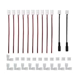 Fntek 3528 8mm 2 Pin LED Strip Connector Kit with 10x Strip Wire Solderless LED Strip Light Connectors, 10x L Shape 2 Pin Right Angle Corner Connector, 10x Strip to Strip Connectors, 2X DC Connector