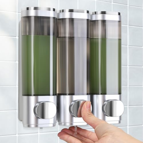 Soap Dispenser Set of 3 - Wall Mounted - No Drilling - Even Liquid Distribution - Anti-Leak - Suitable for Shampoo, Shower Gel, Liquid Soap, Conditioner, Silver