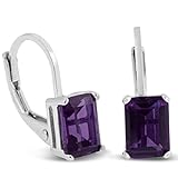 Sterling Silver Purple Amethyst Emerald Shape Drop Earrings 2 Carat Total Weight
