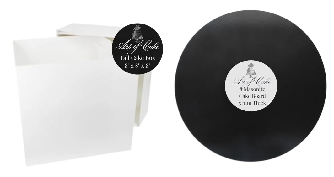 Art of cake® 8 inch Black Glossy Masonite Cake Board (5mm) and White Tall Cake Box (8x8x8)