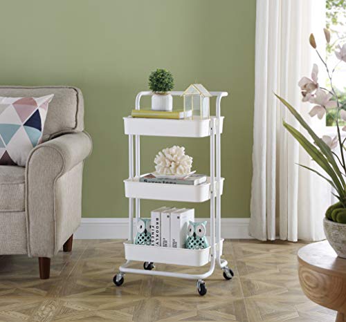 JAKAGO 3-Tier Rolling Utility Cart Storage Shelves Multifunction Trolley Cart with Mesh Basket, Handles and Wheels Adjustable Service Cart for Office, Kitchen, Bedroom, Bathroom, Laundry Room (White)