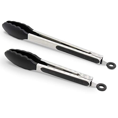 2 Pack Black Kitchen Tongs, Premium Silicone BPA Free Non-Stick Stainless Steel BBQ Cooking Grilling Locking Food Tongs, 9-Inch & 12-Inch
