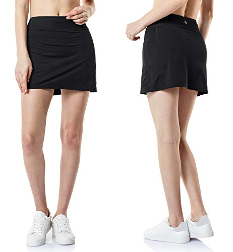 TSLA Women's Compression Skort Active Running Tennis Performance Skirt w Mesh Pocket, Active Skort(fbk01) - Black, Large