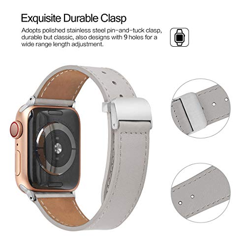 hooroor Leather Bands Compatible Apple Watch Band 38mm 40mm Accessory Replacement Wristband Sport Strap for Iwatch Nike+, Series 4 3 2 1, Edition, Stainless Steel Metal Buckle (Grey-38 mm 40mm)