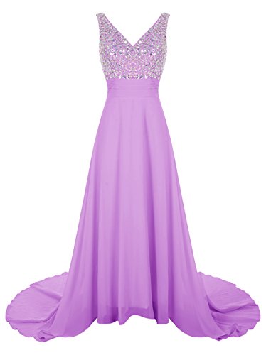 Wedtrend Women's Long Chiffon Prom Dress with Train Bridesmaid Dress with Beads WT12007 Lilac 24W