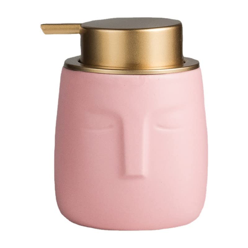 Unique Modern Soap Dispenser, Face-Shaped Ceramic Bottle with Rust Proof Gold Matte Pump, Decorative Lotion Dispenser for Bathroom or Kitchen (Pink)