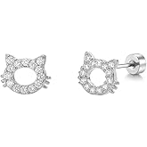 Cute 20g Cat Cz Small Stud Earrings for Women Stainless Steel Crystal Lovely Kitten Animal Cartilage Tiny Flat Screw Back Tragus Piercing Sleeper Studs Hypoallergenic Jewelry for Niece Daughter