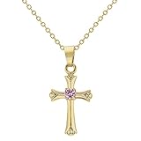 18k Gold Plated Pink Crystal Small Cross Necklace for Girl Kids Pendant 16