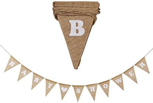 Baby Shower Burlap Banner, bunting banner, Rustic Theme Party Decorations, Vintage Pennants Flags With White Lettering, Pre Strung With Jute Rope, 10 Feet