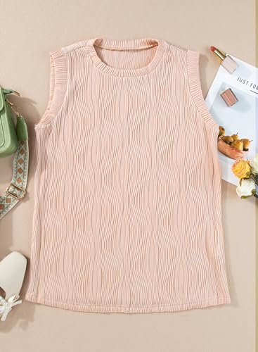EVALESS WOMENS SLEEVELESS TANK TOPS CREW NECK SPRING SUMMER 2024 FASHION TRENDY LOOSE CASUAL TEXTURED CUTE TOP SHIRTS FOR GIRLS PINK SMALL