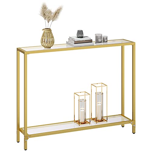 HOOBRO Gold Console Table for Living Room, 100 cm Narrow Long Sofa Table with Tempered Glass, 2 Tier Skinny Entryway Table with Open Shelves, Slim Hallway Table with Metal Frames, Gold EGD04XG01