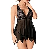 Lace Lingerie Set,ZYooh Plus Size Women Sexy Temptation Underwear Babydoll Perspective Skirt G-String Set (XXL, Black)