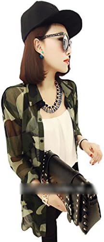 Amazon ノーブランド品 迷彩柄 シフォン ジョーゼット シャツ ワンピース レディース カモフラ柄 迷彩 透け感 ロングシャツ ブラウス レース レディース Tシャツ カットソー 通販