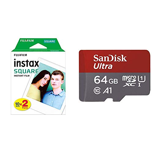 Fujifilm Film INSTAX Square WW (10X2 PK) Kit de 2 Films 10 Vues Blanc & Carte Mémoire microSDXC SanDisk Ultra 64GB + Adaptateur SD. Vitesse de Lecture Allant jusqu'à 100MB/S, Classe 10, U1