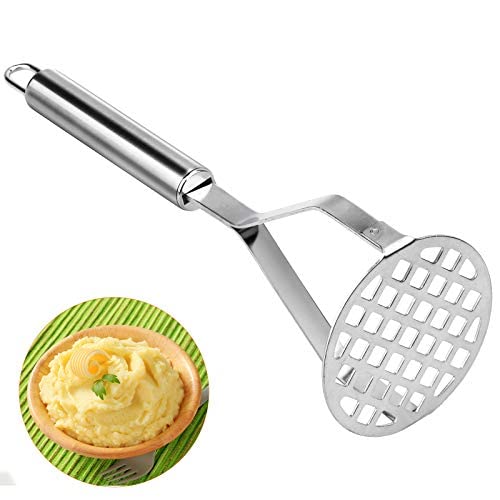 Komoyo Stainless Steel Potato Masher, Handheld Potato Masher for Vegetables Fruit Versatile Potato Masher with Perforated Grid, Heat Resistant
