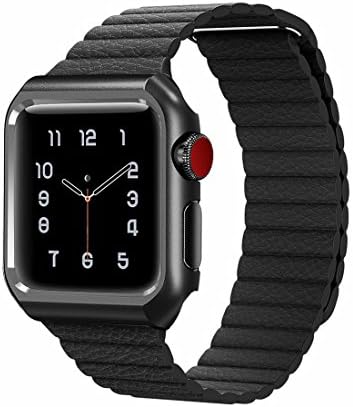 Sworddy for Apple Watch Leather Band, Magnetic Clasp Genuine Leather Loop Band with Built-in Shockproof Protective Stainless Steel Bumper Case for Apple Watch Series 3 / 2 / 1 [42MM Black]