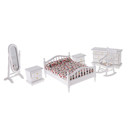Fenteer 1/12 Scale White Wooden Bedroom Furniture Double Bed Dresser Mirror Chair Bedside Table Dollhouse Miniature Decoration