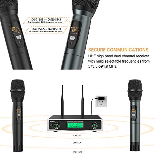 Wireless Microphone System,FIFINE Two Handheld Dynamic Cordless Mic and Dual Channel Receiver, 50 Selectable UHF Frequency for Karaoke Singing Party,Church,Worship,Wedding,School Presentation.(K040)