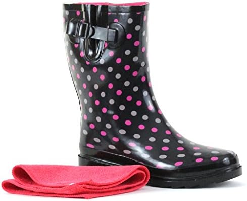 Hazel's Fashion Women's 10 Inches Rainboot & Gardenboot with Expansion Gusset & Adjustable Buckle, Pink Dots, with Microfiber Boot Cleaning Cloth, US Women's 8 B(M)