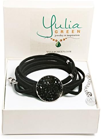 Yulia Green Jewerly Genuine Leather Bracelet with Crystals Swarovski, silver Plated Handmade by (Black)
