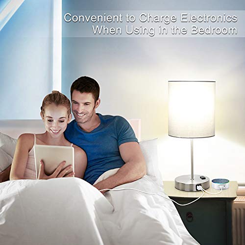 Touch Control Table Lamp, 3 Way Dimmable Bedside Desk Lamp with 2 Fast USB Charging Ports and AC Outlet, Nightstand Lamp for Bedroom Living Room, Modern Office Lamp, Silver Base, 60W LED Bulb Included