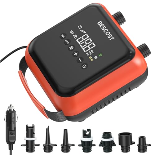 BESCOST 20PSI Paddle Board Electric Pump, 12V Dual Stage SUP Pump & Deflator, 300L/min Auto-Off for Inflatable Kayaks, Boats, Tents and Stand Up Paddle Boards