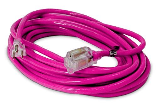 25-ft 14/3 Heavy Duty Lighted SJTW Indoor/Outdoor Extension Cord by Watt's Wire - Pink 25' 14-Gauge Grounded 15-Amp Three-Prong Power-Cord (25 foot 14-Awg)