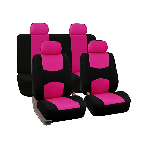 FH Group Universal Fit Full Set Flat Cloth Fabric Car Seat Cover, (Pink/Black) (FH-FB050114, Fit Most Car, Truck, Suv, or Van)