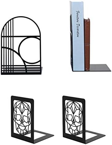 2 Pairs of Unique Art Bookends - Modern Brand Design for Home and Office (Black + Skeleton)