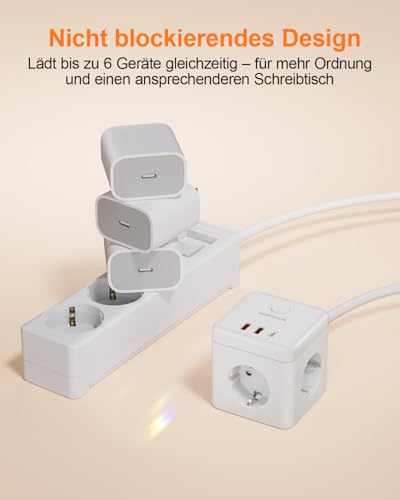 Cube Power Strip Sockets with USB, 3 Outlets AC & USB C PD 20W, Cable 2M White | Thief Sockets With USB, Compact Cube, Little Space, Switch, Perfect Desktop Home
