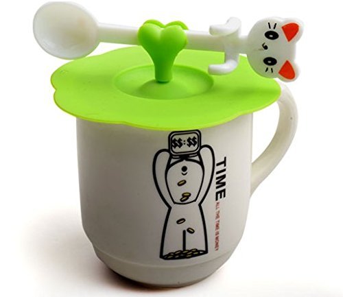 Z Zicome Set of 5 Silicone Cup Lids Mug Covers with Heart Shape Spoon Stirrer Holder for Cup Size within 4.1 inch/10.5cm