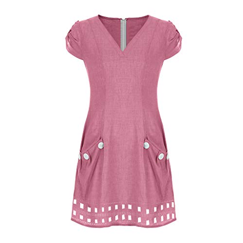 NRUTUP Women Dresses with Pocket V-Neck Ruffled Lace Shift Daily Buttoned-Decor Dresses Cotton Linen Hot(Pink,XL)