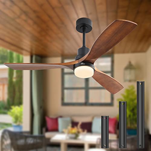 Sofucor 52 Inch Solid Wood Ceiling Fans With Lights, Low Profile Ceiling Fan with Light and Remote, 3 Downrod, Reversible DC Motor, Indoor/Outdoor 3 Blade Ceiling Fan Light for Bedroom Farmhouse Patio