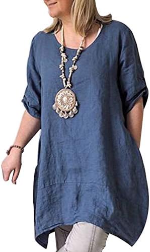 Pibilu Womens Casual Tunic Tops Half Sleeve Round Collar Cotton Linen Loose Blouse Tops