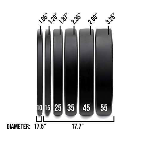 OneFitWonder 230lb Black Bumper Plates Set (10/25/35/45lb Pairs) - Weight Plates with Low Bounce for Strength Training, Olympic Weight Lifting, Powerlifting, Garage Gym