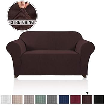 Stretch Sofa Slipcover 1 Piece Sofa Cover for 2 Cushion Couch Furniture Protector/Cover Couch with Elastic Bottom Soft and Durable Sofa Cover Pet Protector (Loveseat, Brown)