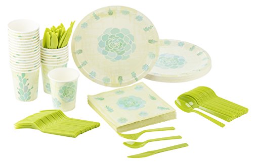 Disposable Dinnerware Set - Serves 24 - Succulent Party Supplies for Picnics, Outdoor Party, Bridal Shower - Includes Plastic Knives, Spoons, Forks, Paper Plates, Napkins, Cups