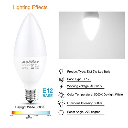 Ascher E12 LED Candelabra Light Bulbs, 5W, Equivalent 60W Incandescent