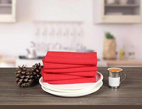 Ramanta Home Pure Cotton Kitchen Dish Towel 6-Pack Large 18x28 Waffle Weave Super Absorbent Quick Dry Durable - Red