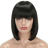 MERISIHAIR Halloween Short Bob Wigs Synthetic Hair Black Straight Wig with Flat Bangs 11 Inches Heat Resistant Kinky Full Wigs for Women Natural As Real Hair+Free Wig Cap(Black)