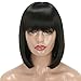 MERISIHAIR Short Bob Wigs Synthetic Hair Black Straight Wig with Flat Bangs 11 Inches Heat Resistant Kinky Full Wigs for Women Natural As Real Hair+Free Wig Cap(Black)