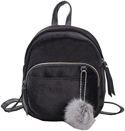 Women Girl Backpack, Velvet Travel Pom Ball Zipper Shoulder Bag, Handbag Rucksack School Bag (black)