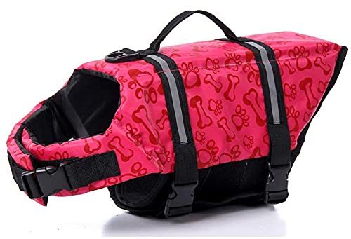 Izefia Dog Life Jacket Swimming Safety Coat Floatation Life Vest Life Saver with Handle for Small Dog Puppy Large Dog (Red Bone, M)