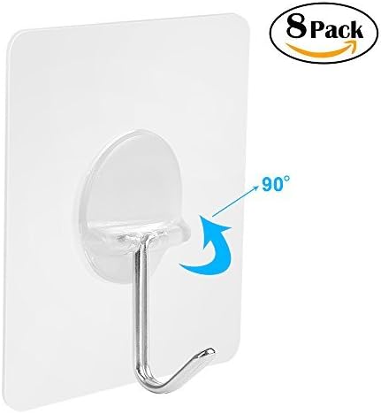 Adhesive Hooks 8 Packs, Heavy Duty 20lb (Max) Wall Hanging Hooks Self Adhesive Decorative Utility Clear Transparent Coat Towel Hook Set Waterproof Oilproof for Shower Bathroom Kitchen Wall &amp; Door