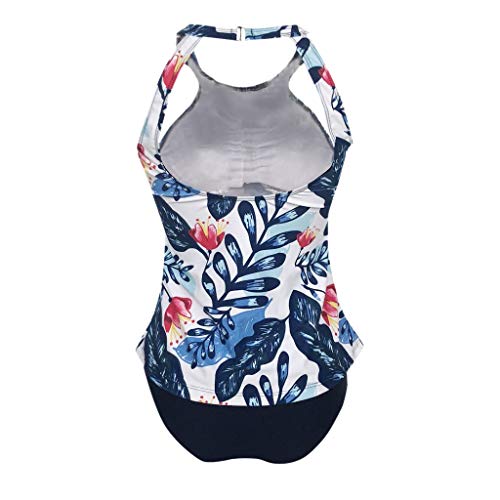 Women Halter Neck Swimsuit, Leadmall Backless Leaf Print Swimwear Tankini Tank Top Plus Size Swimming Suit with Cut Out Bottoms (L, Blue)