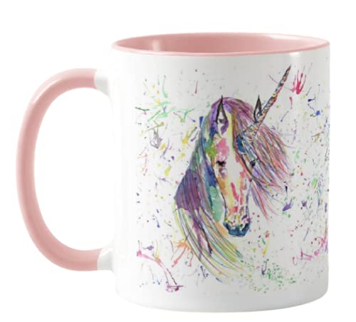 Vixar Unicorn Watercolour Rainbow Art Coloured Mug Cup, Gift, Birthday, Work, Office, Christmas Tea Coffee (Pink)