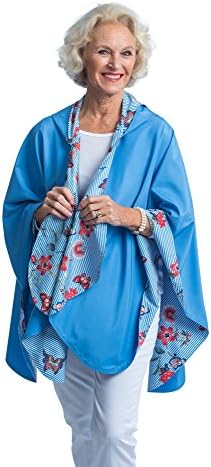 RainCaper Rain Poncho For Women - Reversible Waterproof Hooded Cape In Gorgeous Ultrasoft Colors (Blue Stripe &amp; Flowers)